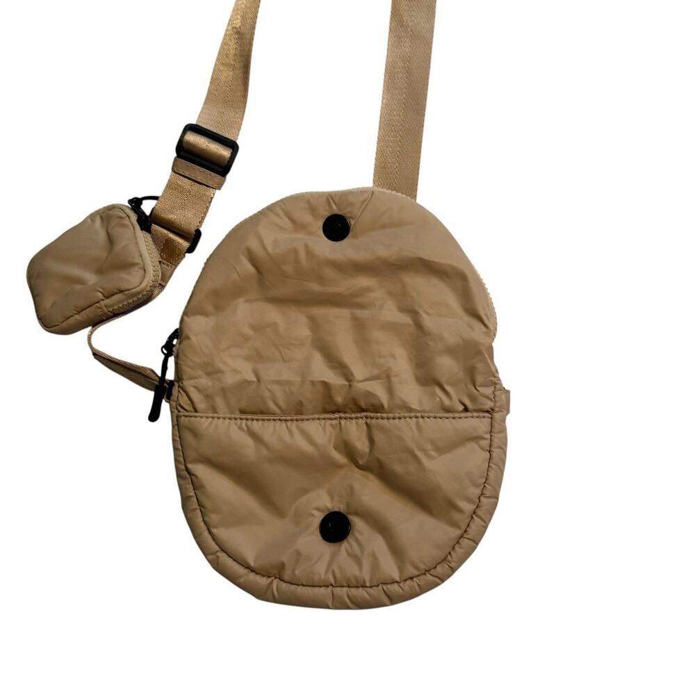 Anthropologie Nylon Crescent Crossbody Bag Beige Half Moon Sling with Mini Pouch - Picture 3 of 9